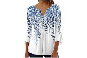 SUSENSTONE Chemisier Femme Chic et Élégant Manches 3/4 Tshirt Imprimé Plissé Henley Tshirt Col V Blouse Mousseline de Soie Boheme Haut Manche Courte Tunique Été Plage Travail Tunique Top