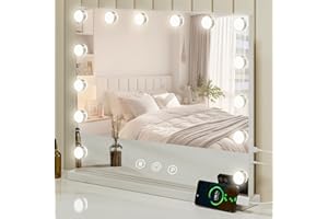 Teousev Hollywood Vanity Mirror with Lights 50x40cm, Large Makeup Mirror Lighting with 14 Dimmable Bulbs, 3 Lighting Modes, Tabletop and Wall Mounted Cosmetic Mirror for Bedroom