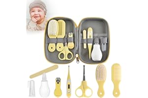 MKNZOME Babypflege Set, 8 Stück Baby Pflege Produkte Neugeborenen Pflegen Set mit Nasensauger Nagelknipser Schere Kamm Babybürste, Geschenk Kosmetiktasche für Neugeborene Säugling Kleinkind - Gelb#3