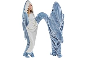 iyoimono Shark Blanket Superweich Flanell Kuscheldecke Hai Decke Mit Ärmeln Schlafsack Tragbare Decke Hoodie Haidecke Jungen Mädchen Cosplay Hai Kostüm Hai Geschenke Einteiliger Pyjama (Blau,190*80cm)