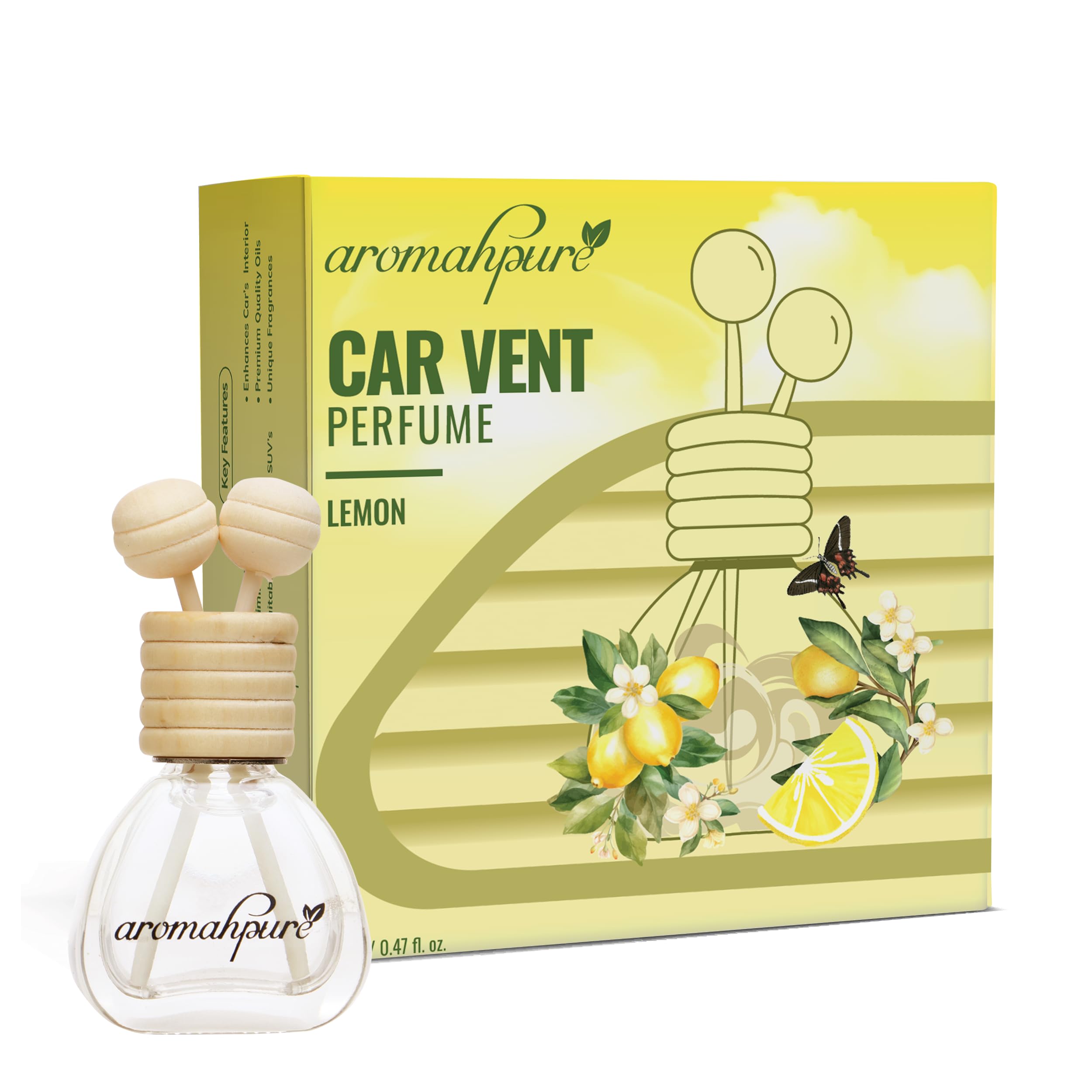 Aromahpure Premium Car Perfume Vent Clip |14 ML |Lemon Fragrance Car Air Freshener |Natural Essential Fragrance Oils in Glass