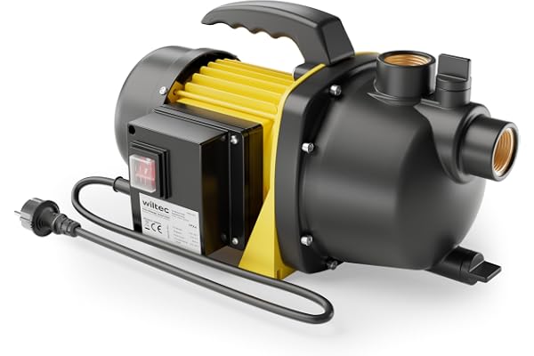 Wiltec Pompe de jardin – 1200 W 3800 l/h – Hauteur de débit 48 m – avec Poignée de transport et Vis de purge – pour Eau douce Eau de pluie Bassin