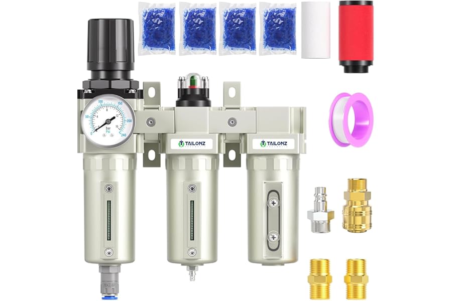 TAILONZ PNEUMATIC 0-1.6MPA 1/2 Inch BSP Industrial Grade Three Stage Air Drying System, Particulate Filter, Coalescing Filter, Desiccant Dryer and Air Regulator (Automatic Drainage)