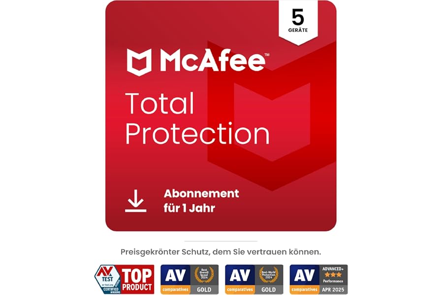 McAfee Total Protection (5 Geräte) 2025 | 12 Monate|Secure VPN, Sicherheitssoftware mit Virenschutz, Kennwort-Manager, Identi