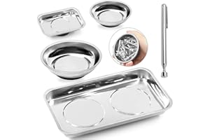 Swpeet 5Pcs 2 formes rond et carré plateau à outils en acier inoxydable avec Kit d’assortiment d’outils de ramassage magnétique 3Ib, support de plateau de pièces magnétiques plateau magnétique