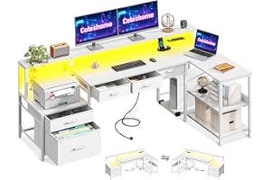Coleshome Biurko w kształcie litery L z szufladami, 175 x 100 cm, stół gamingowy z gniazdkiem, LED i stojakiem na monitor, dwustronne biurko narożne z miejscem do przechowywania, biurko komputerowe z