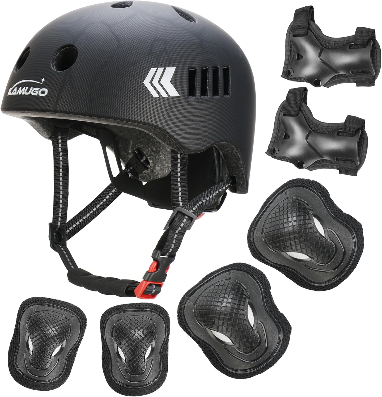 Kamugo Equipo de Protección Ajustable para Niños - Casco, Rodilleras, Coderas, Guantes, Compatible con Bicicleta, Skateboard, monopatín y Otros Deportes Extremos