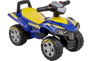 Baroni Toys Quad Jouet Porteur pour Enfants 18-36 Mois avec Licence Goodyear, Compartiment de Rangement, Sons réalistes et phares LED, Dispositif Anti-retournement, 38x60x42 cm