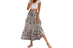 Qianderer Falda larga casual bohemia para mujer, estilo vintage, estampado floral, bohemio, medio vestido de cintura alta, falda midi fluida para vacaciones en la playa