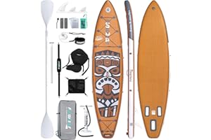 FunWater Tavola da paddle gonfiabile retrò Tiki 3 anni di garanzia Stand up Paddle Board extra lunga e larga 11'6'' x 33'' con pompa、Deck Bag、Double Ended Paddle 、Seat、SUP tracolla