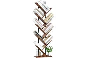 Yusong Tree Bookshelf, Floor Standing Bookcase with Steel Pipe for Living Room Bedroom, Organizer Shelves for Home Office (Brown, 9 Tier)