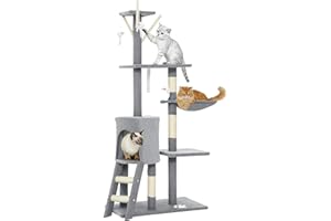 PawHut Árbol Rascador para Gatos Grande, Árbol para Gatos, Altura 134 cm, Torre de Escalada con 6 Postes de Sisal, 3 Plataformas, 1 Cueva, 1 Hamaca, 1 Escalera, 4 Juguetes Colgantes, Gris