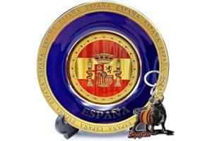 Planta Color Plato Decorativo España con Escudo Nacional + Llavero Toro Metálico. Incluye Soporte y Gancho para Colgar. Ideal para Patriotas, Regalo de Viaje, Souvenir Típico Español (España)