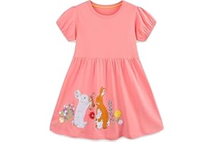 LANGUBABY Mädchen Kleider Baumwolle Blumen Knöpfe Streifen Kurzarm T-Shirt Casual Frühling Sommer Kleid für Kinder Größe 92-122, 1-7 Jahre