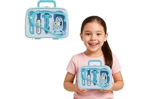 FUN FABLES 5 Pcs Bluey's Medical Case for Kids – Doctor Toy Set with Stethoscope, Thermometer, Syringe & More | Pretend Role Play Kit | Portable Light Blue Carry Case | Ages 3+