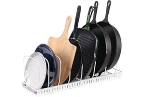 Navaris Organizer na patelnię i pokrywkę, rozszerzalny uchwyt do przechowywania, kuchenny stojak do przechowywania lub suszenia z 8 regulowanymi przegrodami, biały