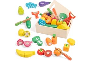 FMSKS Jeu de Coupe Fruits et Légumes en Bois avec Velcro pour Enfants 3 Ans, 32 Pièces Accessoires de Cuisine Dinette Jouet Éducatif Montessori