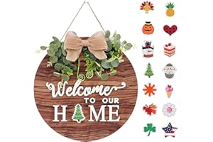 TAIPINTEE Signo de Bienvenida Placa Puerta, 30 * 30 * 0.5cm Puerta Frontal Señal Redonda Guirnalda Flores, Intercambiable Bienvenido a Nuestra Casa, Decoración de Puerta Delantera Utilizado para Bodas, Granjas