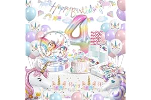 WINAROI Einhorn Deko Kindergeburtstag,Einhorn Geburtstagsdeko Mädchen 4 Jahre,Geburtstag Party Geschirr,Pappteller Kindergeburtstag mit Einhorn Luftballons Pappteller Tassen Servietten Tischdecke