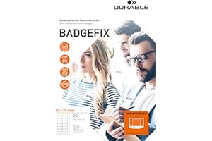 Durable 833402 Badgefix Badge Tissu Adhésif en Soie Acétate Format 40 x 75 mm - Planches Imprimables Format A4 Boîte de 20 Planches/240 Badges