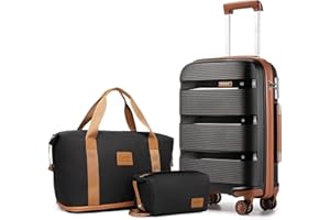 Kono Suitcase Sets of 3 Pieces Lightweight Hard Shell Travel Luggage Set Carry On Hand Cabin Case Trolley with 1pcs Travel Bag and 1pcs Toiletry Bag (Black/Brown)