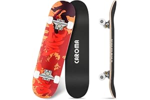 Caroma Skateboard for Beginner, 79cm Complete Skateboards, 9 Layer Maple Wood Deck, Double Kick Trick Concave Cruiser Skateboards, 4 Wheels Longboard for Kids Teen Girl Boy Skateboarding