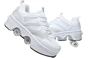 AGLOAT Girls' and Children's Roller Skates Shoes with Wheels Adjustable Quad Kick Roller Skates for Women 2 in 1 Inline Skates Deformation Trainers for Beginners