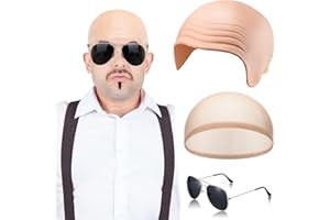 KAZGVN Pitbull Costume, Halloween Costumes, 3 PCS Adult Bald Caps Set with Hair Nets and Sunglasses, Realistic Skin Color Latex Bald Head Wig, Mr Worldwide Costume for Halloween,Theme Party