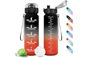 KOLLYKOLLA Gourde Sport 1L, Gourde Sport, Bouteille d'eau 1 Litre avec Marqueur de Temps et Filtre, Étanche, sans BPA, Water Bottle pour Enfant, Adulte, l'école, Cyclisme, Fitness, Bureau, Gym, Camping, Yoga