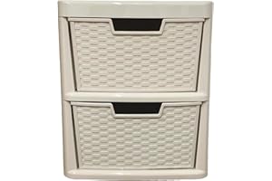 ALEEZ 2 Drawer Storage Unit - Rattan Effect Desktop Plastic Drawer - Multipurpose Home Storage Drawers - Office Table Top Cabinet - Bathroom Accessories Unit H 43 x D 39 x D 39 cm (2 Tier Drawer)