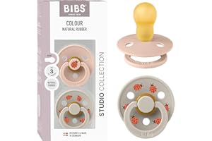 Tétine BIBS Studio. Lot de 2 sucettes. téterelle ronde en latex naturel, sans bisphénol A, Fabriqué au Danemark, Taille 3 (plus de 18 mois), Blush/Sand