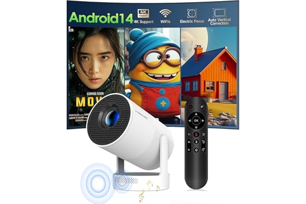 Mini Beamer Portátil con Android 14, Proyector 4k 1080P Full HD Soporte 260ANSI Enfoque Eléctrico, Videoproyector WiFi 6 BT 5.4, Cine Proyector 180 ° Se Puede Girar para TV Stick