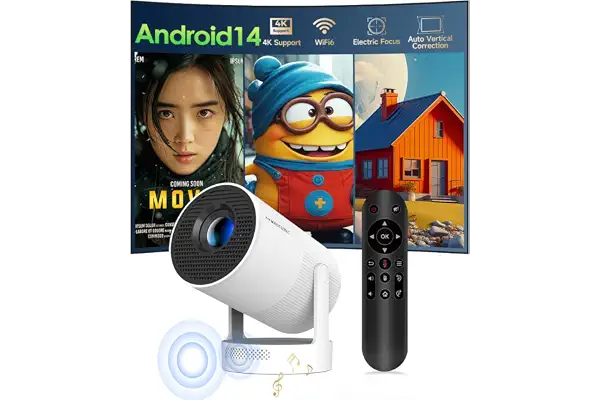 Mini Beamer Portátil con Android 14, Proyector 4k 1080P Full HD Soporte 260ANSI Enfoque Eléctrico, Videoproyector WiFi 6 BT 5.4, Cine Proyector 180 ° Se Puede Girar para TV Stick
