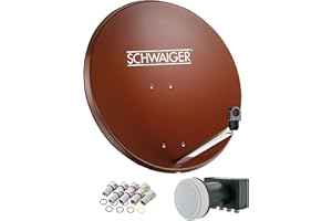 SCHWAIGER 524 Installation Satellite Kit Satellite Parabole Quad LNB numérique 8X F-fiches 7mm Antenne Sat en Aluminium Kit Complet Rouge Brique 75 x 85cm