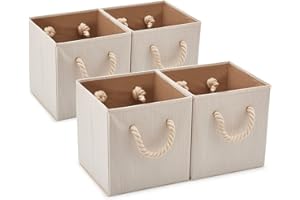 EZOWare Set of 4 Fabric Bamboo Fabric Storage Basket Bins with Cotton Rope Handle, Foldable Organiser Cube for Nursery Baby Kids Room Toys Home Shelving – 28x28x28 cm/Beige