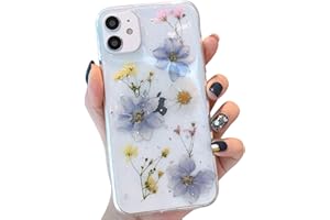 Tybiky Custodia protettiva per iPhone 12 Mini con fiori secchi, in gel di cristallo, realizzata a mano, con fiori semprevoli, colore bianco e viola