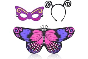 Beelittle Butterfly Wings Costume 3 Pieces Fancy Dress-Up Set Butterfly Wings Cape Shawl with Antenna Headband and Mask for Girls Kids (Pink Purple)