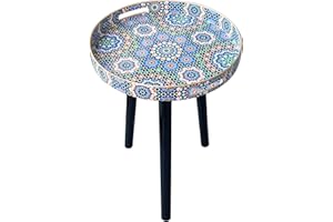 Simmer Stone Round Indoor Side Tables with Detachable Wooden 3 Legs, Versatile Tray Table, Perfect For Round Coffee Table Tea, and Relaxation Time 17.7 Inch (Blue Moroccan)