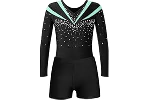 Jugaoge Mädchen Turnanzug Strasssteine Gymnastikanzug Langarm Trikotanzug mit Bein Sport Yoga Fitness Training Shorts Kurze Hose Tanz Kleidung Set