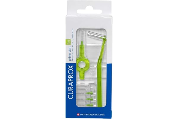 Curaprox CPS 011 Set de Brossettes interdentaires Prime Start/Kit de démarrage avec 5 Brosses |2 Supports Différents/Vert/Diamètre 1,1 mm/Efficacité 5 mm/Fabriqué en Suisse