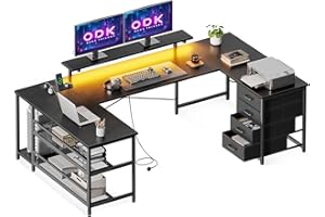 ODK Biurko Narożne z Szufladami, Odwracalne, z Wieloma Gniazdami, LED i Podstawką do Monitora - do Gier i Domowego Biura, 167 x 102 cm, Czarne