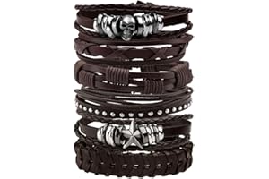 MILAKOO Bracelet en Cuir Noir Marron tressé Large Bracelet Femmes Hommes Punk Bijoux crâne