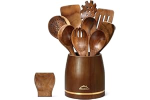 WEEKSUN Juego de 10 Utensilios de Cocina de Madera con Soporte, Espátula, Espumadera, Cucharones de Sopa, Cucharones de Ensalada, Tenedores para Ensalada y Soporte para Cucharas, Juego de Utensilios