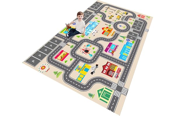 ZFHNYJWKL Tapis Enfant Tapis de Jeu Enfant Tapis de Chambre d'enfant, Rue, Tapis de Voiture, pour garçon et Fille Gris Vert Bleu(C,80X120CM)