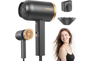 Ionen Föhn mit Diffusor-DEWILY 1800W Schnelltrocknen Fön mit Kalt/Heißtaste, Thermostatischer Diffusor Föhn, 3 Temperaturen, 2 Geschwindigkeiten, Haarfön mit Konzentrator, Locken Fön(Schwarz+Gold)