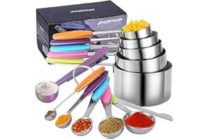 HAUSPROFI Measuring Cups and Spoons Set of 14, Stainless Steel Cup Measurement Set with Measuring Scoop and Clip for Food, Soft Silicone Handle and Ruler, for Baking, Kitchen Cooking, Liquid and Solid
