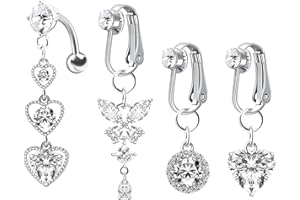 Amazluck 5 Stück Fake Bauchnabelpiercing Silber Bauchnabelpiercing Zum Anklipsen, Fake Piercing Bauchnabel, Chirurgenstahl Fake Belly Piercing mit Schmetterling Herz Kristallkugel Anhänge