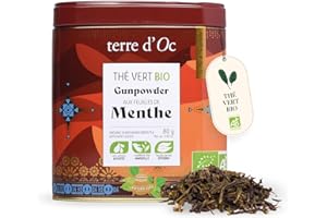 Terre d'Oc - Thé Vert Bio Gunpowder à la Menthe - 80G - Thé Vrac - Tradition Nomade - Ingrédients de Qualité - 100% Naturel et Bio