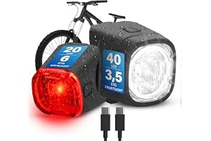 FISCHER Cykel belysningsset Square, 40/20 lux, fram- och bakljus, med batteri, USB-laddningsfunktion, stänkskydd enligt IP44