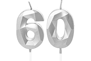 YAAVAAW Świece na 60. urodziny, srebrne świece z cyfrą 60, na tort urodzinowy, srebrne świece na 60. urodziny, na tort, dla kobiet w wieku 60 lat, dla kobiet i mężczyzn, srebrne
